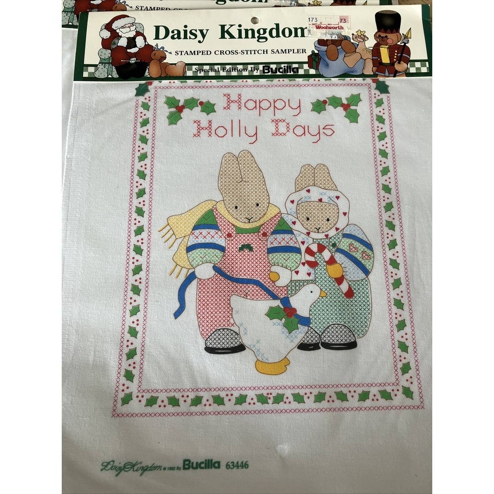 Vtg Bucilla Daisy Kingdom Stamped Cross Stitch Happy holly days Christmas 63446